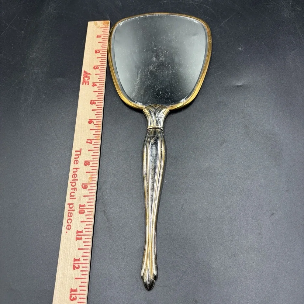 Vintage Art Deco Handheld Vanity Mirror Metal Frame Gold & Silver Victorian Rose